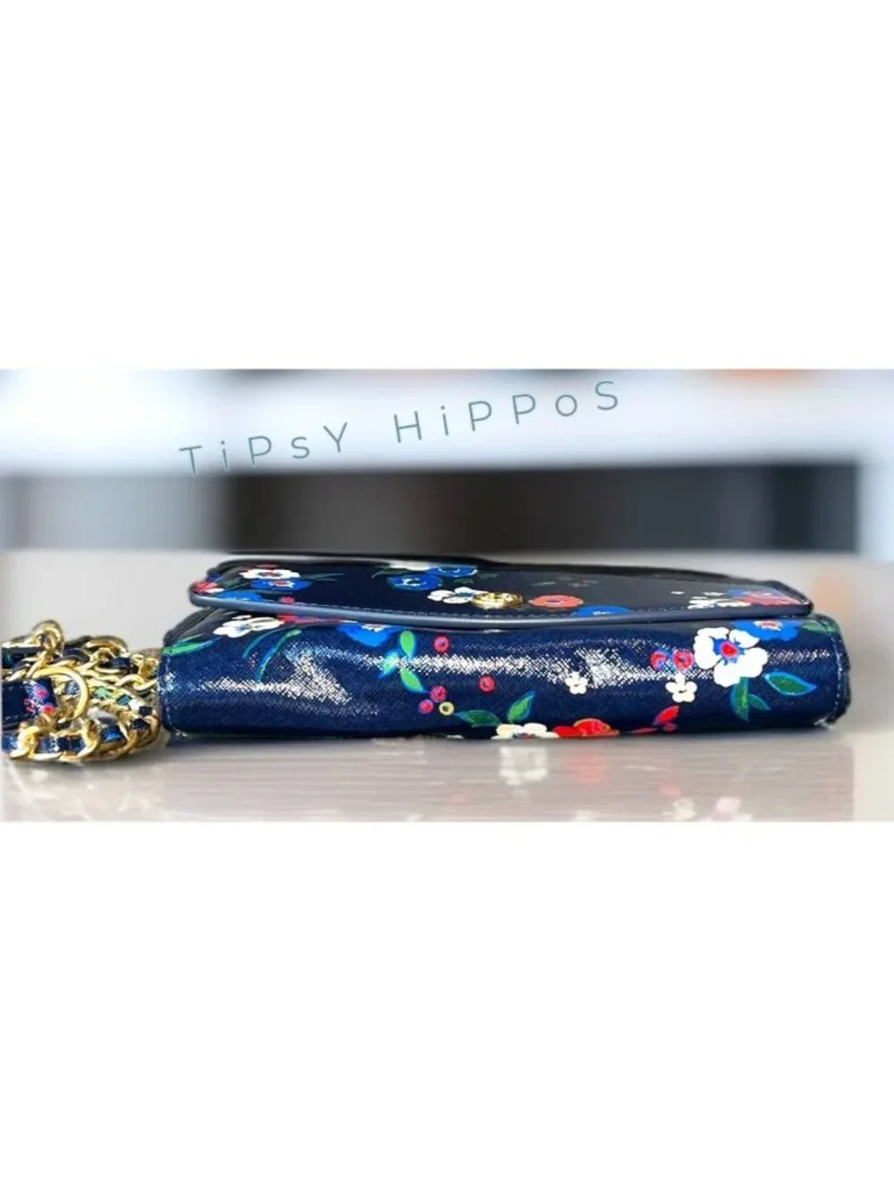 Adorable Tory Burch Dark Blue and Floral Robinon Shoulder Bag/Crossbody